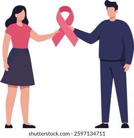 A man and woman stand facing each other, holding a pink ribbon symbolizing awareness, conveying a mood of hope and solidarity.