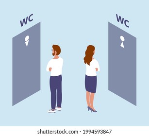 Un hombre y una mujer se paran frente a las puertas del baño. Wc masculino y femenino. Esperando su turno. Ilustración isométrica del vector