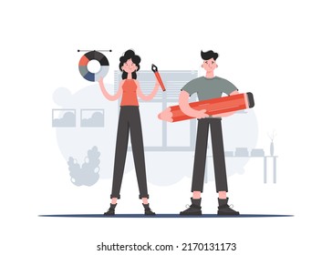 A man and a woman stand in full growth and hold a pen tool. Design. Element for presentations, sites. Vector illustration