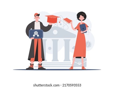 A man and a woman stand in full growth in the hands of a book and a diploma. Education. Element for presentations, sites. Vector illustration