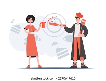 A man and a woman stand in full growth and hold a coffee pot and a frying pan. Cafe. Element for presentations, sites. Vector illustration