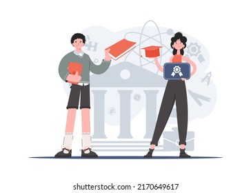 A man and a woman stand in full growth with a diploma and a tablet. Education. Element for presentations, sites. Vector illustration