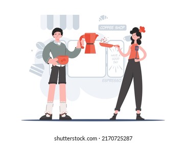 A man and a woman stand in full growth and hold a spatula and a coffee pot. Cafe. Element for presentations, sites. Vector illustration