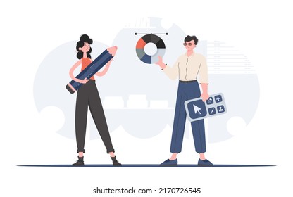 A man   woman stand in full growth   hold color wheel   large pencil  Design  Element for presentation  Vector illustration