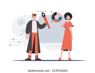 A man   woman stand in full growth   hold color wheel   pen tool  Design  Element for presentations  sites  Vector illustration