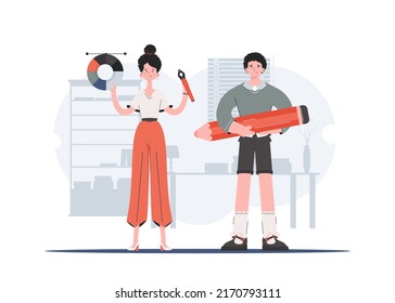 A man and a woman stand in full growth and hold a color palette and a pen tool. Design. Element for presentations, sites. Vector illustration