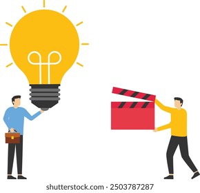 Man and a woman stand and hold a light bulb and a movie clapperboard. Idea. Element for presentations, sites. Vector illustration

