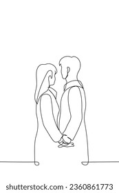 man and woman stand holding hands and looking in same direction - one line art vector. concept relationship of heterosexual couple in candy-bouquet period, romance in autumn, love idyll of soulmates