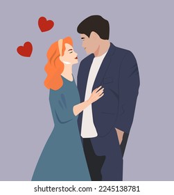 Un hombre y una mujer se paran en un abrazo en un contexto aislado. Una pareja romántica enamorada. Ilustración vectorial para el Día de San Valentín, tarjetas de San Valentín o invitación a la boda. Niña pelirroja con vestido azul