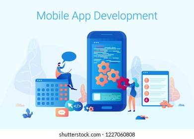 A man and a woman stand near a big smartphone. The concept mobile app development for business and communication. Banner flat vector concept illustration of smartphone usability on blue background