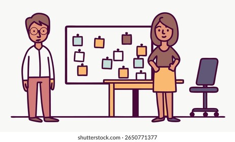 A man and a woman stand near a bulletin board covered in colorful sticky notes. They appear to be discussing ideas or planning a project together in an office setting.