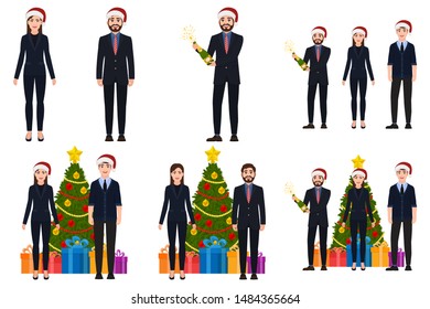 Man and woman stand near a Christmas tree icon set, people have fun and celebrate the New Year, the guy opens champagne, cartoon characters, vector illustration isolated on white background