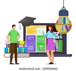 Man and woman stand near laptop and stack of books. Opened computer with educational materials and graduate cap. Bookshelf in light bulb, electronic library. Vector illustration in flat style