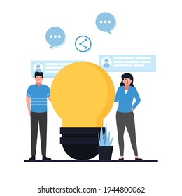 Man and woman stand next to bulb metaphor of idea sharing.