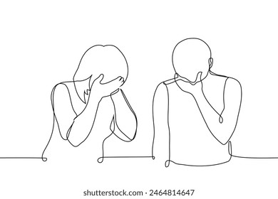 man and a woman stand next to each other, covering their faces with their hands and lowering their heads - one line art vector. concept couple crying, ashamed, cringing, grieving. Handmade vector 