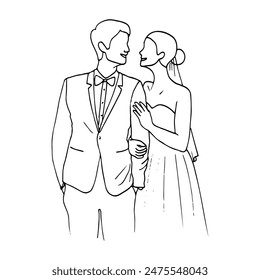 man and a woman stand next to each other with a smile - hand drawn doodle illustration of the bride hugging the hand of the groom standing next to him, they are happy