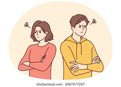 Man and woman stand in offended pose after quarrel or disagreement not wanting to communicate. Young family of guy and girl look in different directions with displeasure. Flat vector design