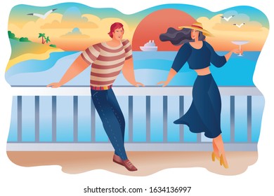 man and woman stand on the embankment against the backdrop of the setting red sun. The ship and the seagulls, they have a date or the first meeting. the woman has a glass of wine in her hands.