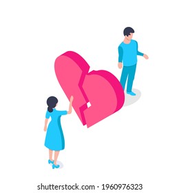 A man and woman stand on opposite sides of a broken heart. The concept of unsuccessful relationships, divorce. Isometric vector illustration. Isolated on white background