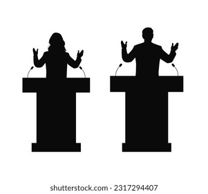 Man and woman stand on the podium giving a presentation. Persuading Voters