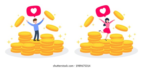 Man and woman stand on stack of golden money coins with heart speech bubble. Creative financial concept of savings, rich or wealth. Trendy cute cartoon vector illustration. Flat style graphic design.