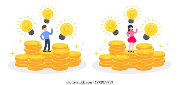 Man and woman stand on stack of golden coins with glowing lightbulbs. Creative financial concept of making money from ideas. Trendy cute cartoon vector illustration. Flat style graphic design element.