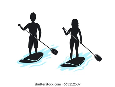 Man and woman stand up paddling, paddleboarding silhouettes