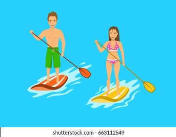 Man and woman stand up paddling, paddleboarding on water, sea