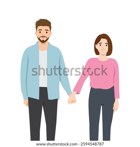 Man and woman stand side by side, holding hands, symbolizing love, connection, and companionship. Flat vector illustration isolated on white background