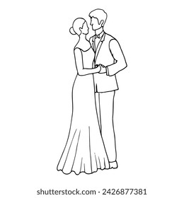 man and woman stand or slow dance holding hands. hand drawn illustration bride and groom full length holding hands