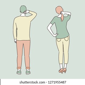 A man and a woman stand and stretch their backs. hand drawn style vector design illustrations. A man and a woman stand and stretch their backs. hand drawn style vector design illustrations.
