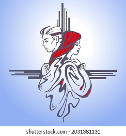 A man and a woman stand with their backs to each other. Graphic vector illustration