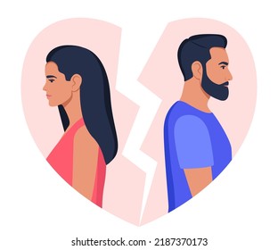 Man and woman stand with their backs to each other, broken heart on background. Concept of divorce, misunderstanding, disagreement, relationship troubles. Man and woman in a quarrel, conflict. Vector