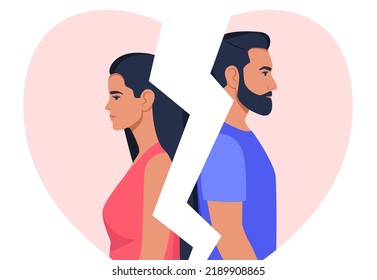 Man and woman stand with their backs to each other, broken heart on background. Concept of divorce, misunderstanding, disagreement, relationship troubles. Man and woman in a quarrel, conflict. Vector