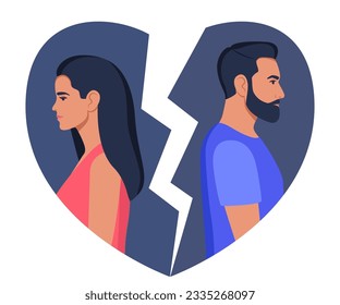 Man and woman stand with their backs to each other, broken heart on background. Concept of divorce, misunderstanding, disagreement, relationship troubles. Man and woman in a quarrel, conflict. Vector