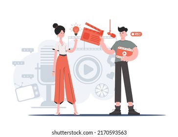 A man and a woman stand to their full height and hold a movie clapperboard and a movie screen. Idea. Element for presentations, sites. Vector illustration