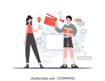 A man and a woman stand to their full height and hold a movie clapperboard and a movie screen. Blogging. Element for presentations, sites. Vector illustration