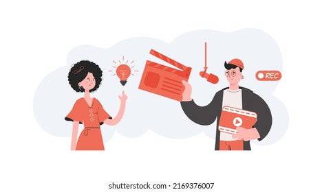 A man and a woman stand waist-deep and hold a movie clapperboard and a movie screen. Blogging. Element for presentations, sites. Vector illustration