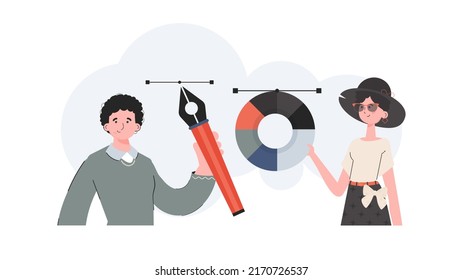 A man   woman stand waist  deep   hold color wheel   pen tool  Design  Element for presentation  Vector illustration