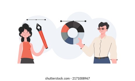 A man   woman stand waist  deep   hold color wheel  Design  Element for presentation  Vector illustration