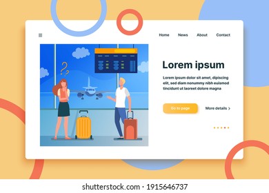 Man and woman standing in airport and choosing direction. Flight, plane. Flat vector illustration. Traveling concept can be used for presentations, banner, website design, landing web page