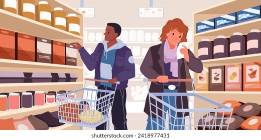 Man and woman standing in aisle between shelves to select food products from list and buy, perspective view of store interior cartoon vector illustration. Shopping at grocery