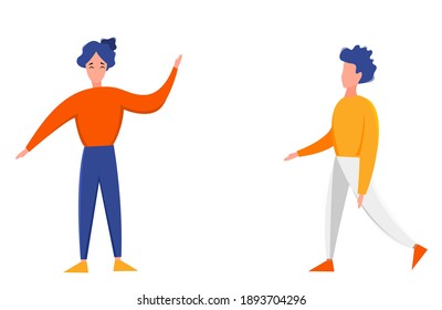 Man and woman standing with arms outstretched isolated on a white background. Cute flat style. Vector illustration.