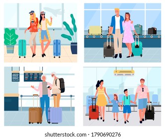 Man And Woman Standing In Arrival Or Waiting Hall, Travelers With Baggage In Airport. Smiling Tourists Friends, Older People, Couple And Family Vector