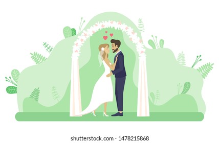 Man and woman standing by arch decorated for wedding vector, marriage ceremony. Couple in love kissing in park, foliage and flora, hearts romantic feelings