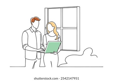 Man and woman standing by a window, engaged with a laptop in front of them isolated continuous line art flat vector illustration on white background.