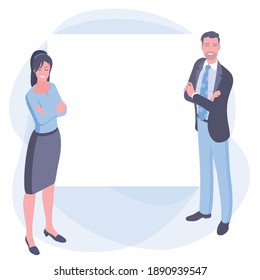 A man and woman standing with crossed hands looking behind white pane. Flat design isometric template concept for preaentanion, infographics, poster, banner and web site.