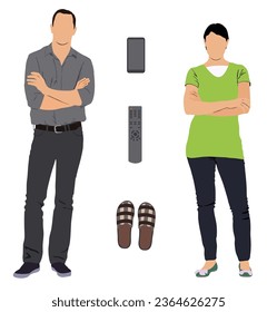 Man and woman standing with crossed hands and home stuffs