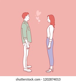 The man   the woman are standing facing each other   looking at each other lovingly  hand drawn style vector design illustrations 