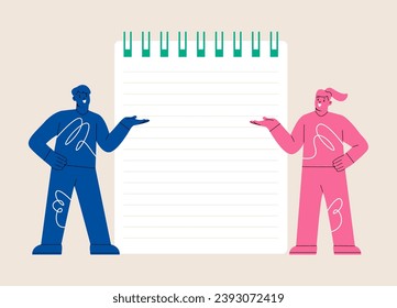 Man and woman standing in front of big empty notepad. Colorful vector illustration 
